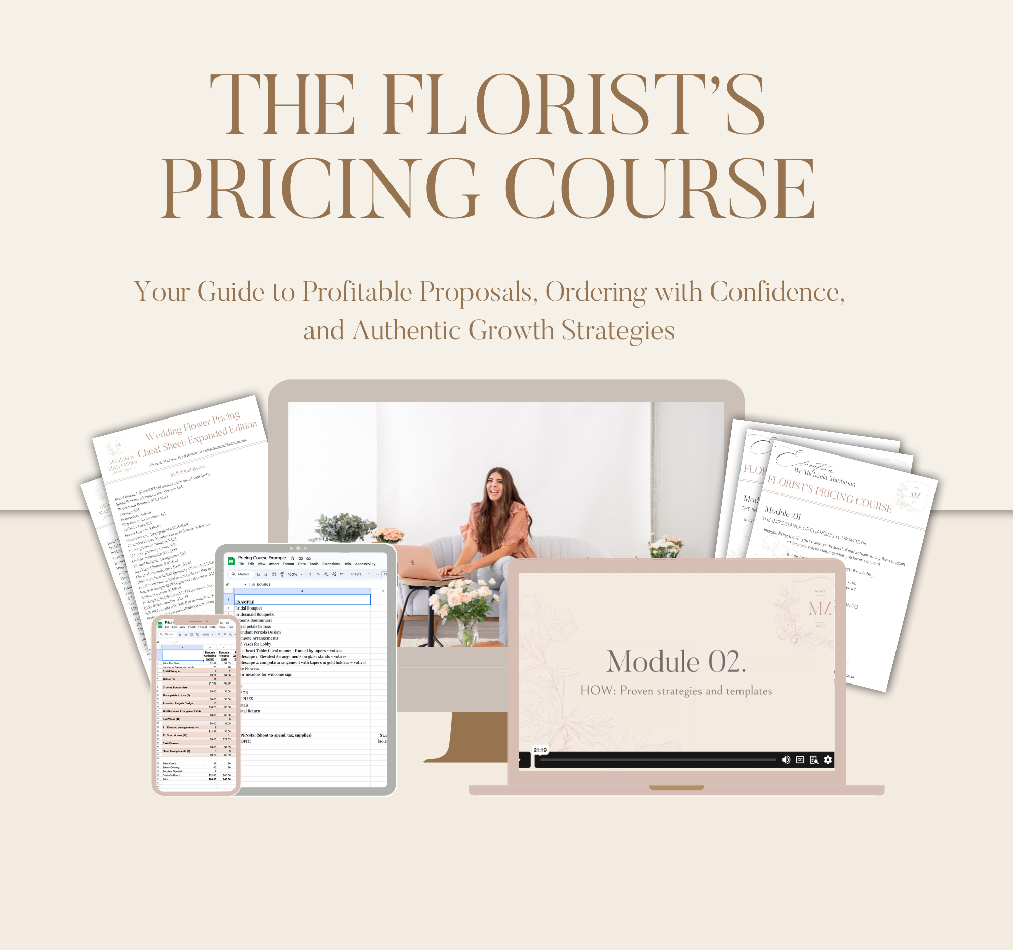 Picture of a florist and flowers that reads, “Learn pricing from a 6-figure florist with The Florist’s Pricing Course: Your Guide to Profitable Proposals, Ordering with Confidence, and Authentic Growth Strategies.”