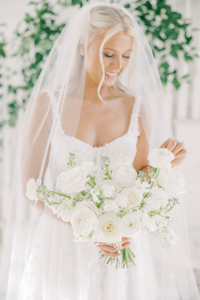 Bride holding a garden-inspired wedding bouquet in Chicago